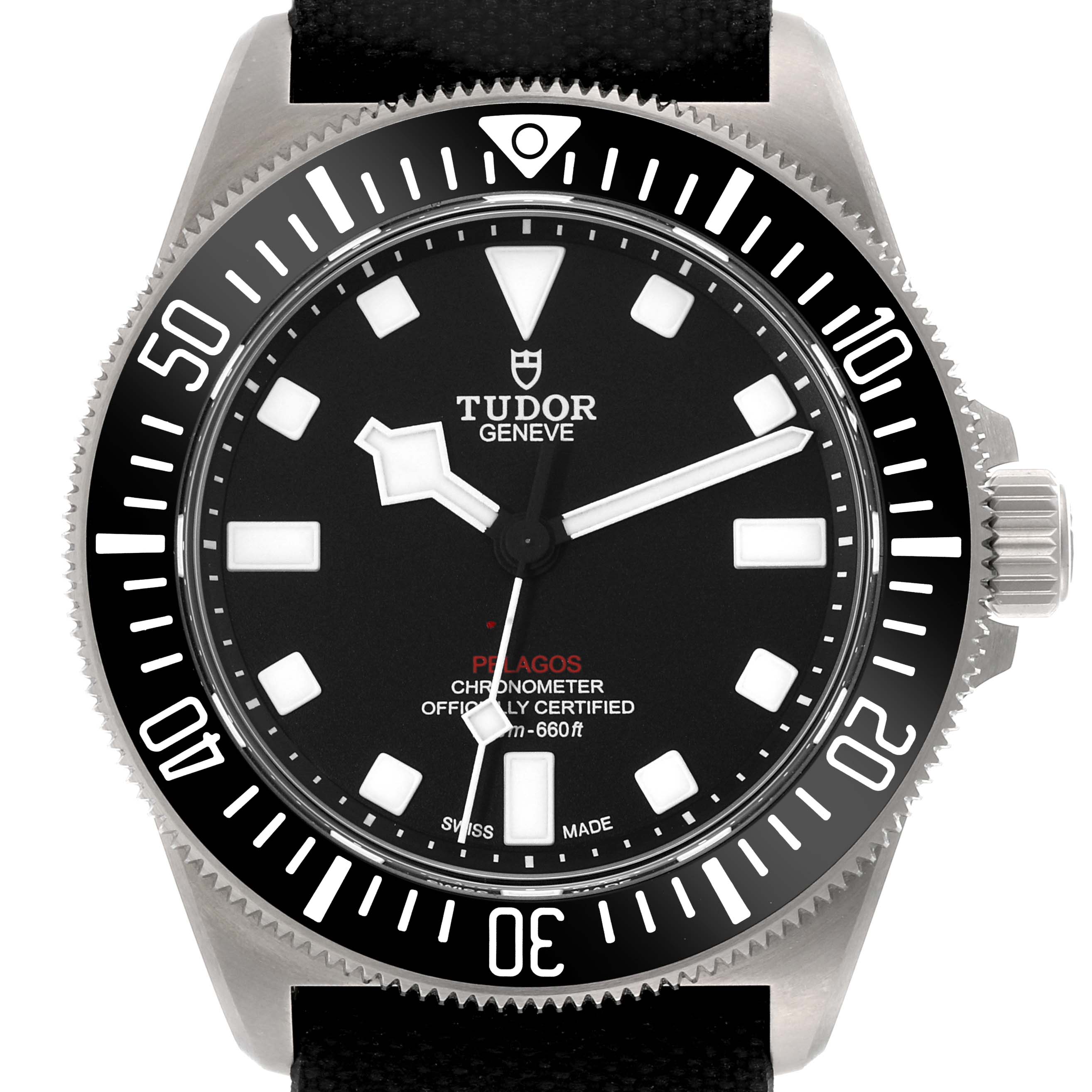 Close-up of the Tudor Pelagos M25717N-0001 Men's Titanium Black Dial M25717N-0001 Men's Titanium Black Dial watch face, showcasing the dial, hands, markers, bezel, and crown from the front angle.