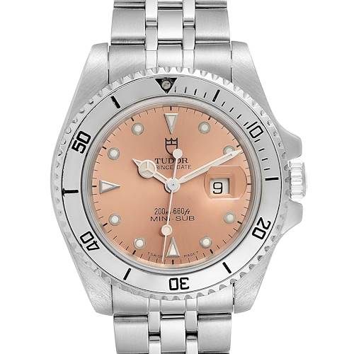 This image shows the dial, hands, bezel, and bracelet of a Tudor Prince model watch directly from the front.