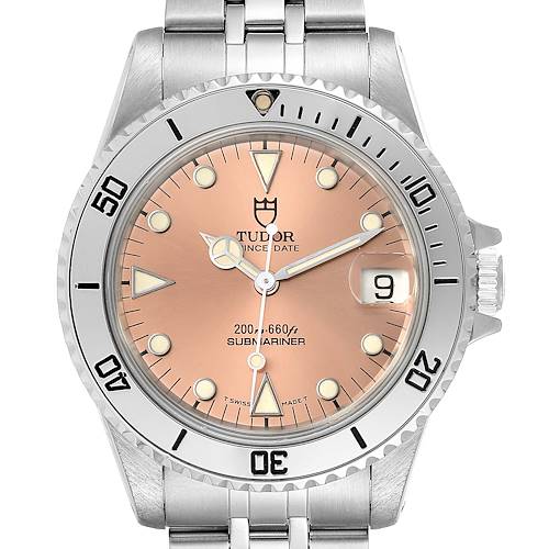 The image shows a Tudor Submariner 75190 Men's Stainless Steel Pink Dial 75190 Men's Stainless Steel Pink Dial watch front view, highlighting the dial, bezel, and part of the bracelet.