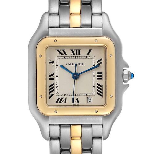 The image shows a close-up front view of the Cartier Panthere W25028B5 Men's Steel and Gold (two tone) Silver Dial W25028B5 Men's Steel and Gold (two tone) Silver Dial watch, highlighting its face and part of the bracelet.