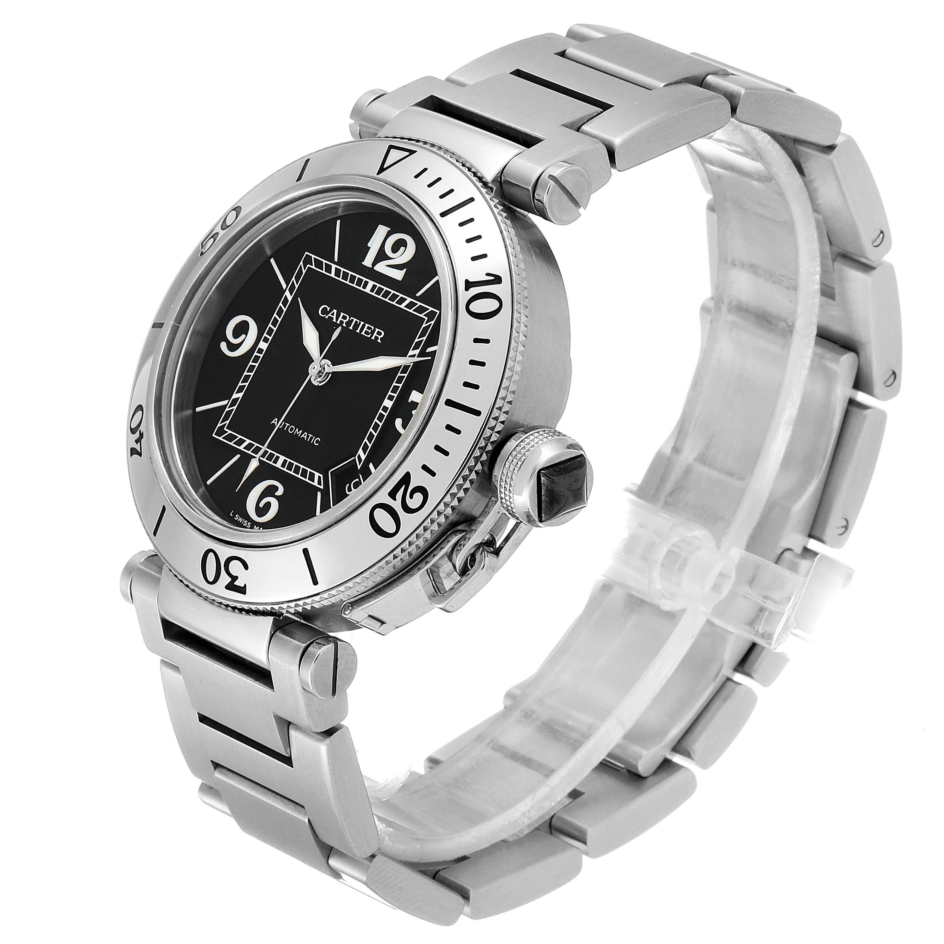 The image shows a side angle view of a Cartier Pasha W31077M7 Men's Stainless Steel Black Dial W31077M7 Men's Stainless Steel Black Dial watch, highlighting its bracelet, bezel, and crown.