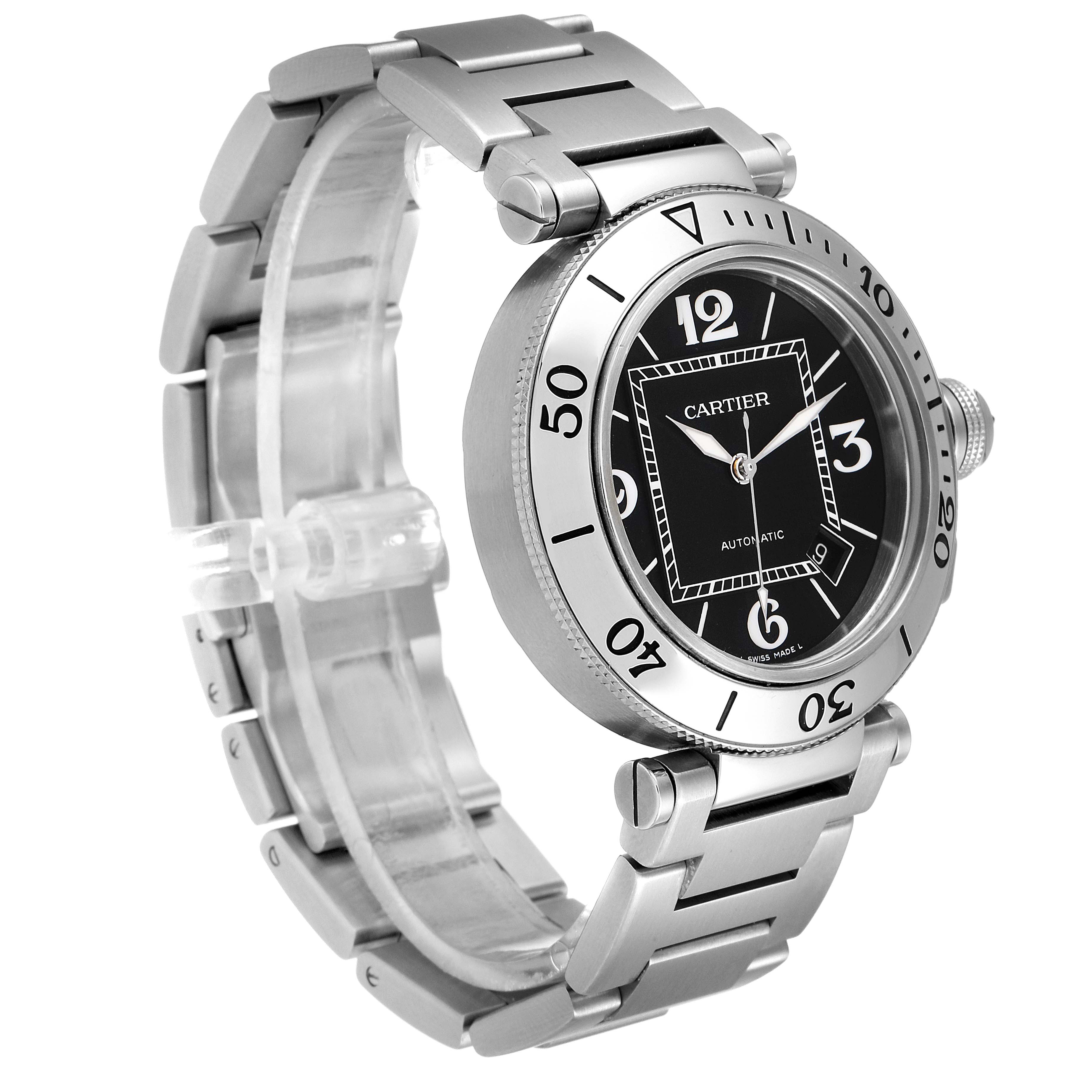 The Cartier Pasha W31077M7 Men's Stainless Steel Black Dial W31077M7 Men's Stainless Steel Black Dial watch is shown at a three-quarter angle, displaying its face, bezel, and part of the metal bracelet.