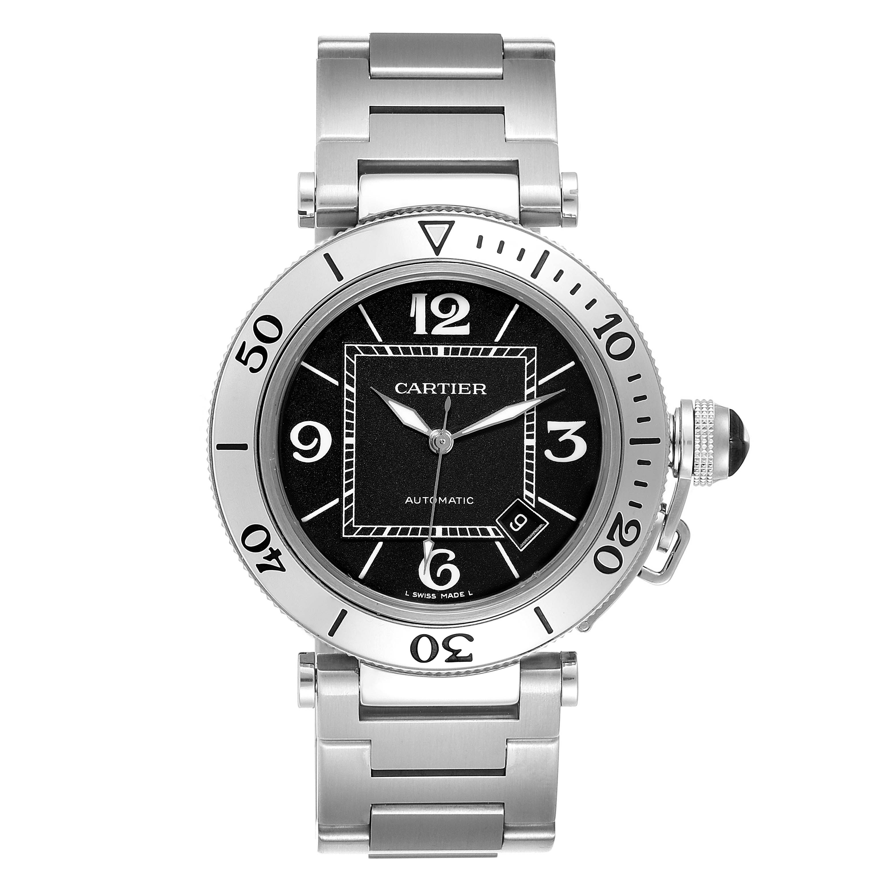 The Cartier Pasha W31077M7 Men's Stainless Steel Black Dial W31077M7 Men's Stainless Steel Black Dial watch is shown from the front, displaying its face, bezel, and metal bracelet.