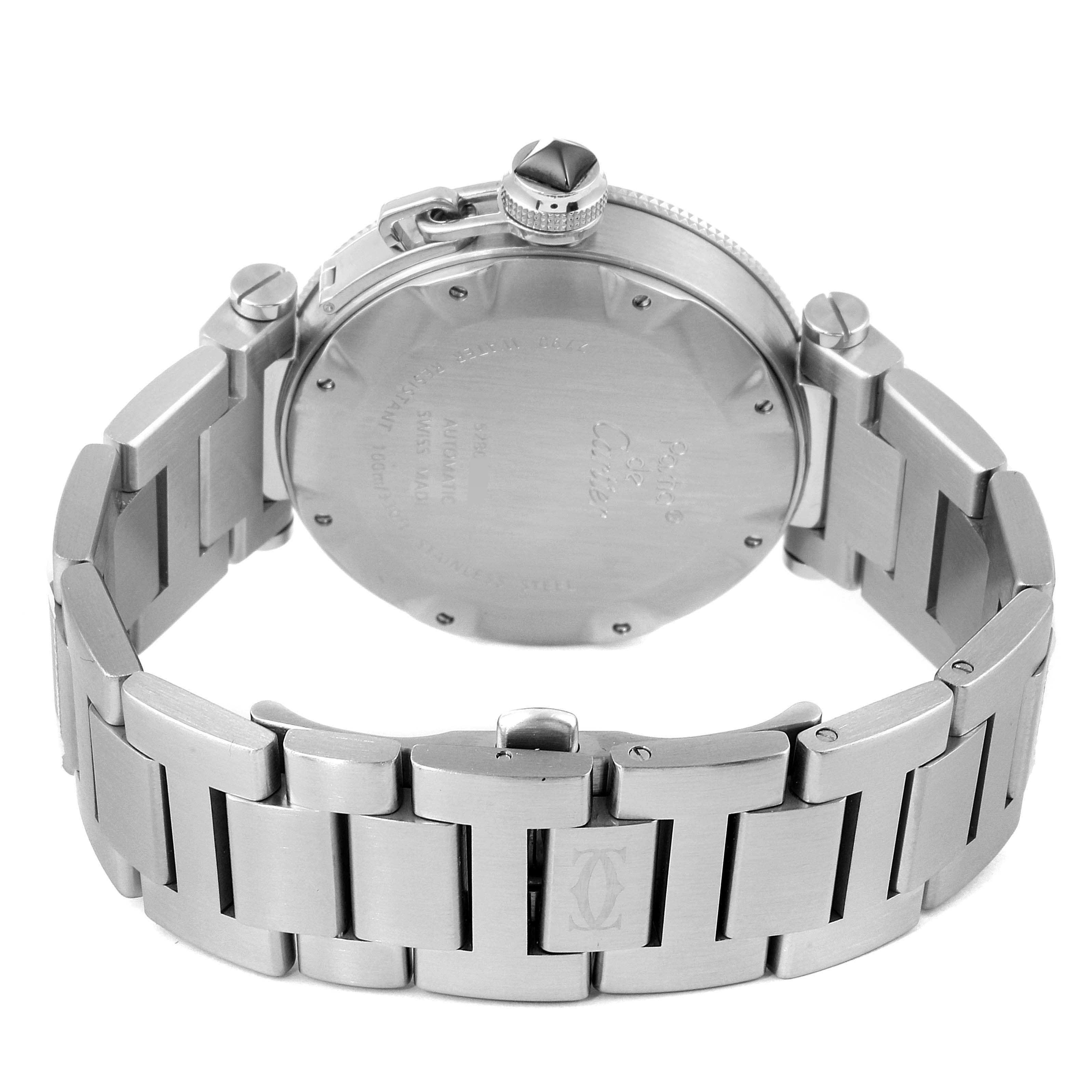 The image shows the back case and stainless steel bracelet of a Cartier Pasha W31077M7 Men's Stainless Steel Black Dial W31077M7 Men's Stainless Steel Black Dial watch from a rear angle.