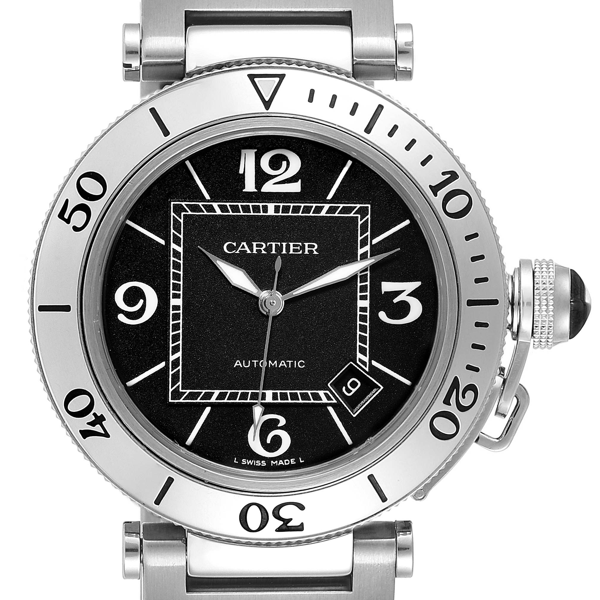 This image shows a front view of the Cartier Pasha W31077M7 Men's Stainless Steel Black Dial W31077M7 Men's Stainless Steel Black Dial watch, displaying the dial, bezel, crown, and part of the bracelet.