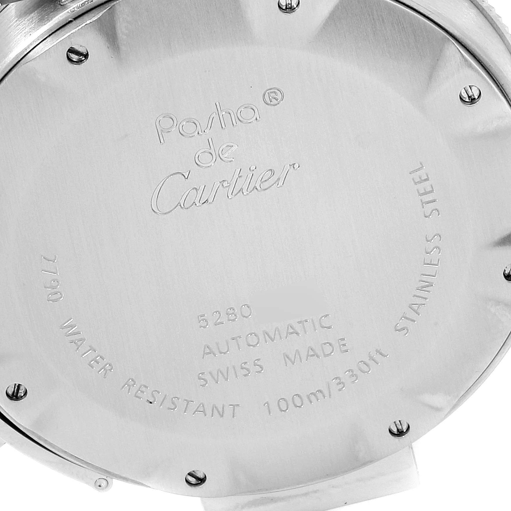 The image shows the back case of a Cartier Pasha W31077M7 Men's Stainless Steel Black Dial W31077M7 Men's Stainless Steel Black Dial watch, displaying engravings with model information.