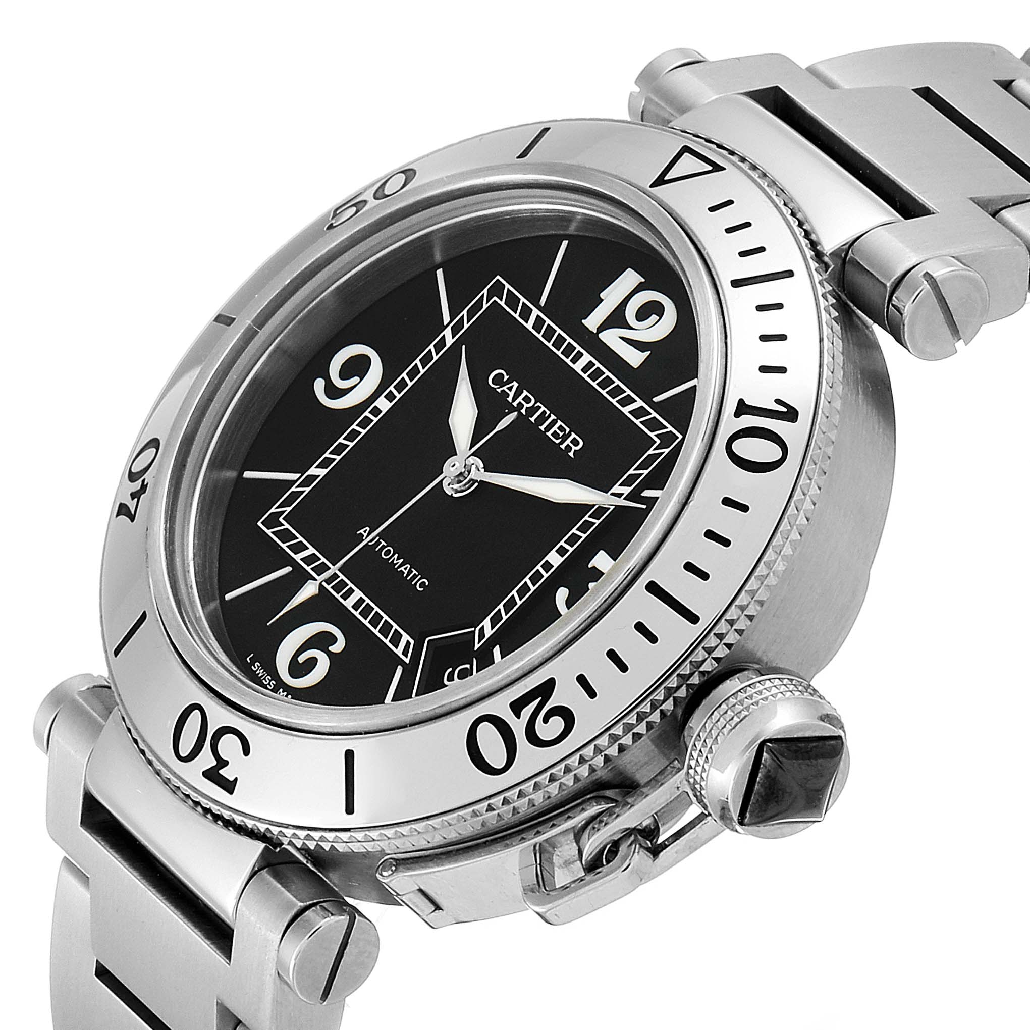 This image shows the Cartier Pasha W31077M7 Men's Stainless Steel Black Dial W31077M7 Men's Stainless Steel Black Dial watch at a side angle, highlighting the watch face, bezel, and part of the metal bracelet.