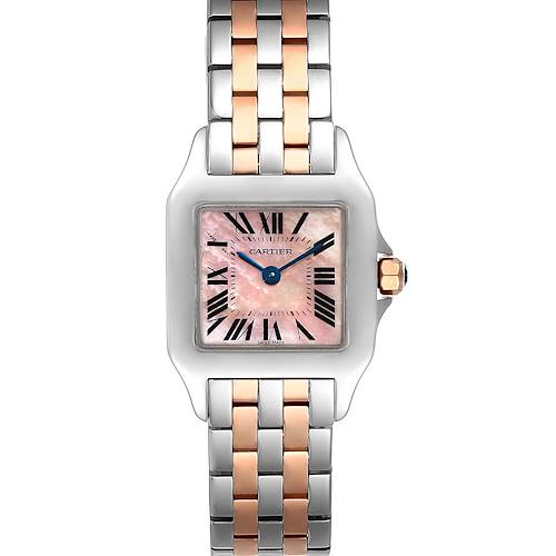 The image shows a front view of the Cartier Santos Demoiselle W25074Y9 Women's Steel and Gold (two tone) Mother of Pearl Dial W25074Y9 Women's Steel and Gold (two tone) Mother of Pearl Dial watch, featuring a square face with a pink dial and a two-tone metal bracelet.