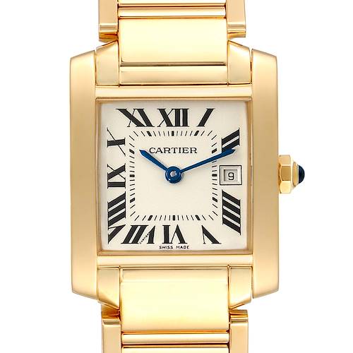 This image shows a close-up front view of the Cartier Tank Francaise W50014N2 Women's Yellow Gold Silver Dial W50014N2 Women's Yellow Gold Silver Dial watch, showcasing its dial, case, and part of the bracelet.