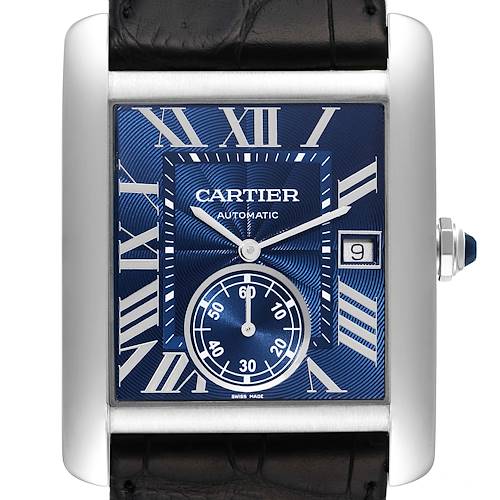 The image is of the Cartier Tank MC WSTA0010 Men's Stainless Steel Blue Dial WSTA0010 Men's Stainless Steel Blue Dial watch showing a close-up of the face and bezel featuring Roman numerals, date window, and subdial.