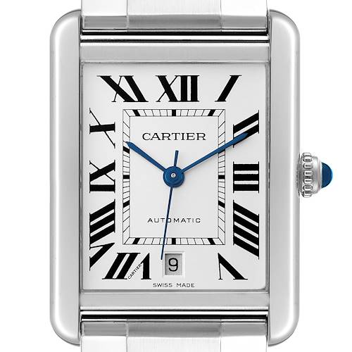 The image shows a front view of the Cartier Tank Solo W5200028 Men's Stainless Steel Silver Dial W5200028 Men's Stainless Steel Silver Dial watch, displaying the dial, hands, and crown.