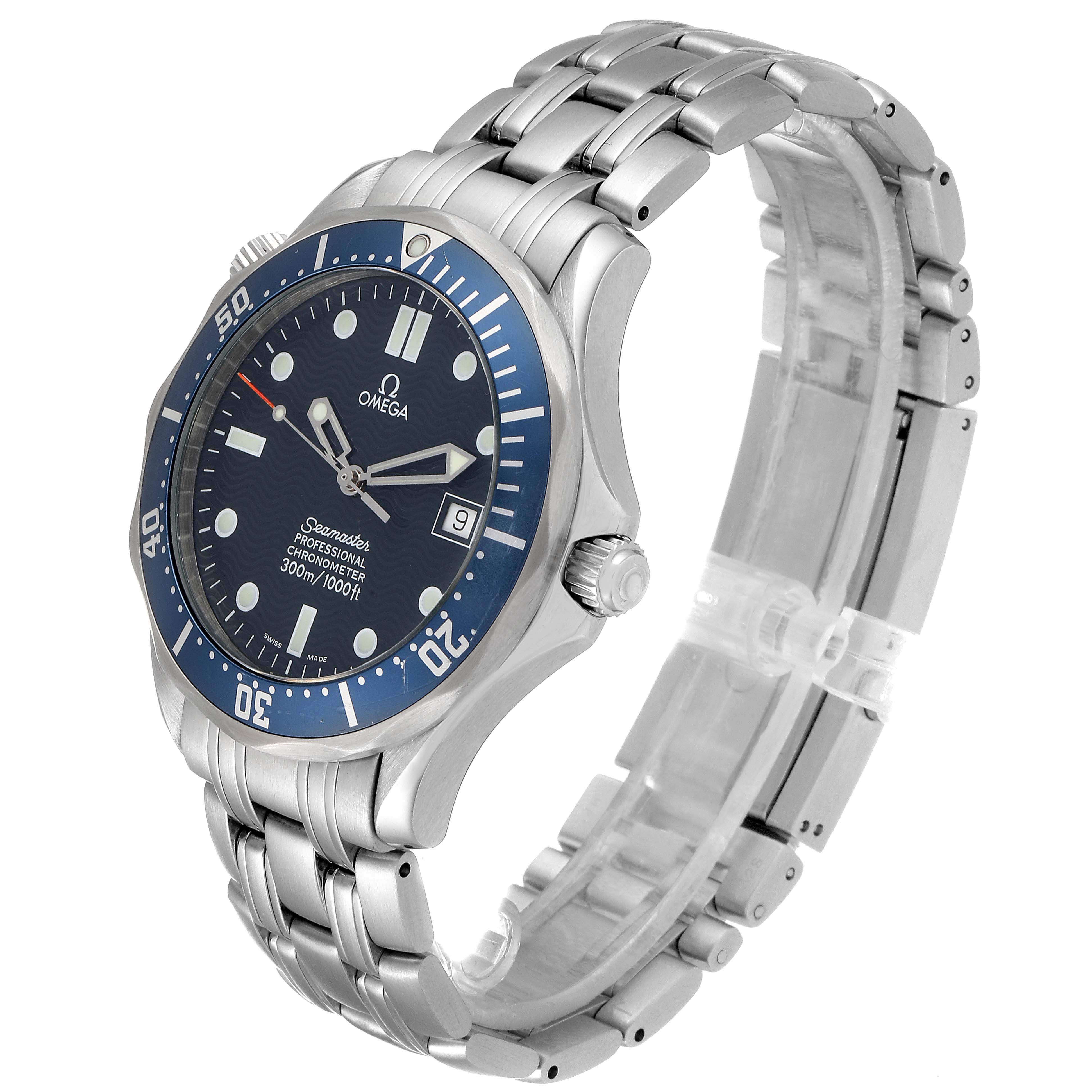 The image shows an angled view of the Omega Seamaster 2531.80.00 Men's Stainless Steel Blue Dial 2531.80.00 Men's Stainless Steel Blue Dial watch, highlighting its face, bezel, crown, and metal bracelet.
