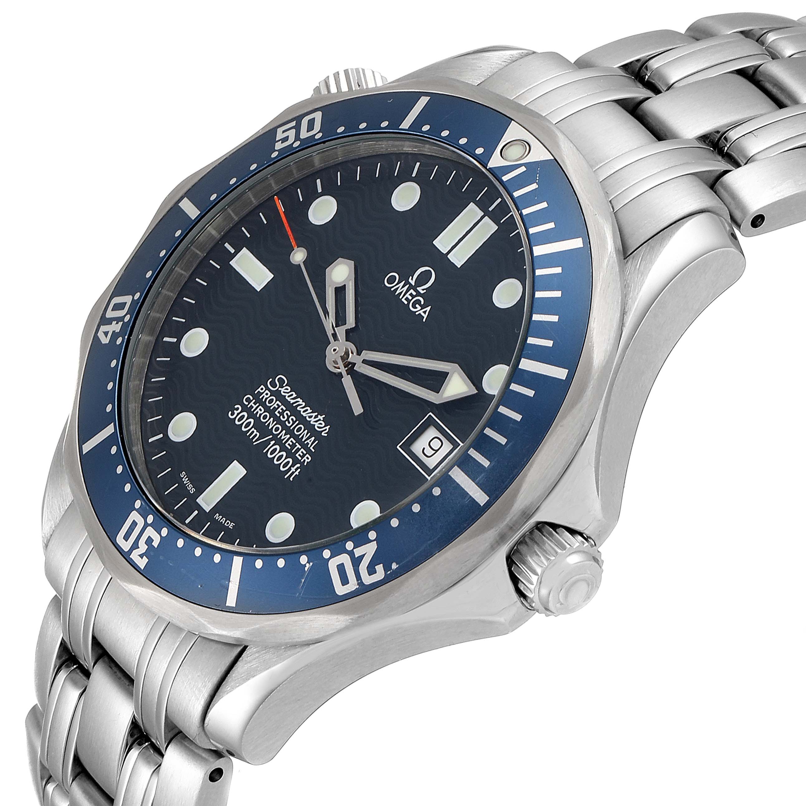 The Omega Seamaster 2531.80.00 Men's Stainless Steel Blue Dial 2531.80.00 Men's Stainless Steel Blue Dial watch is shown at an angled view, displaying the face, bezel, crown, and part of the bracelet.