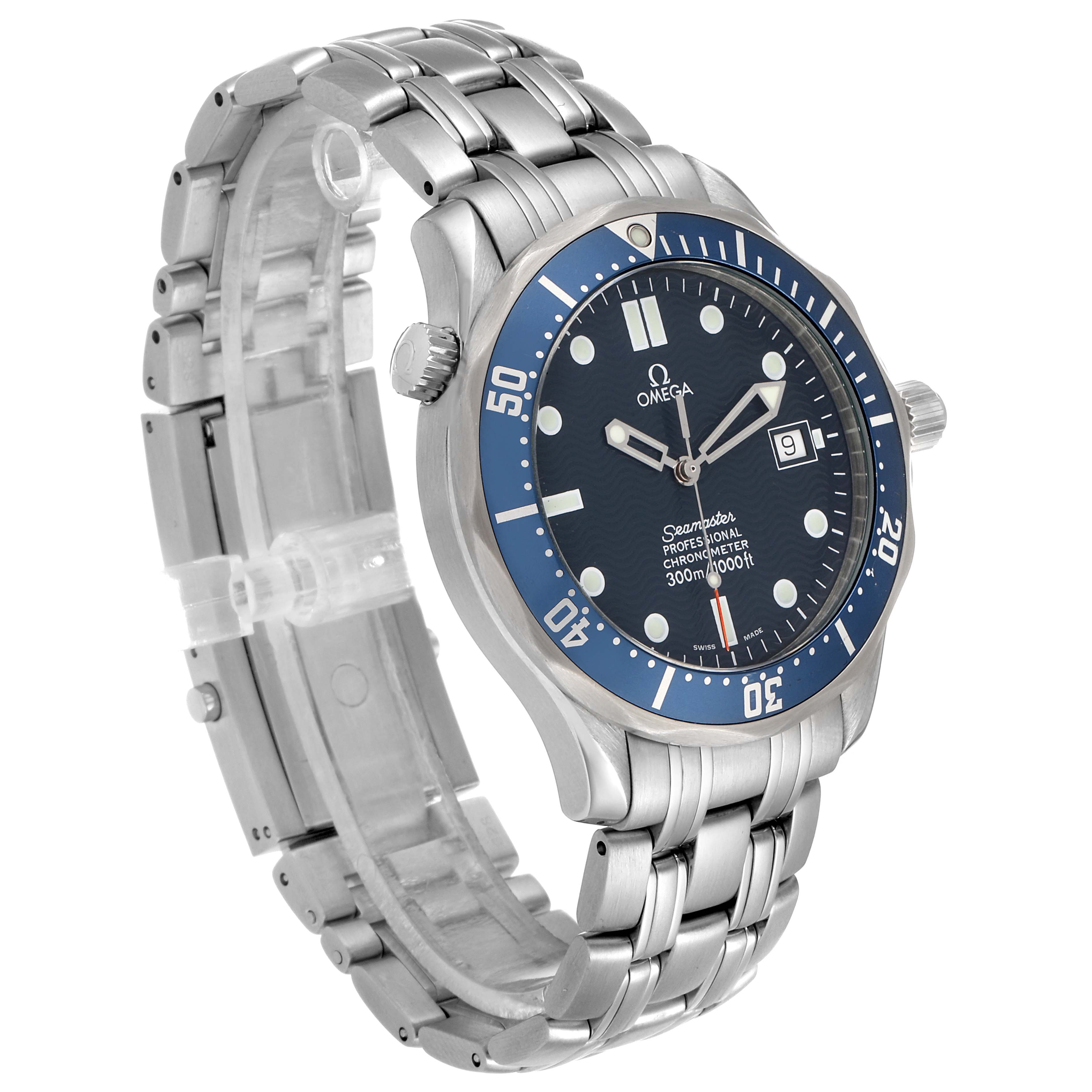 This Omega Seamaster 2531.80.00 Men's Stainless Steel Blue Dial 2531.80.00 Men's Stainless Steel Blue Dial watch is shown at an angle highlighting its dial, case, bezel, and metal bracelet.