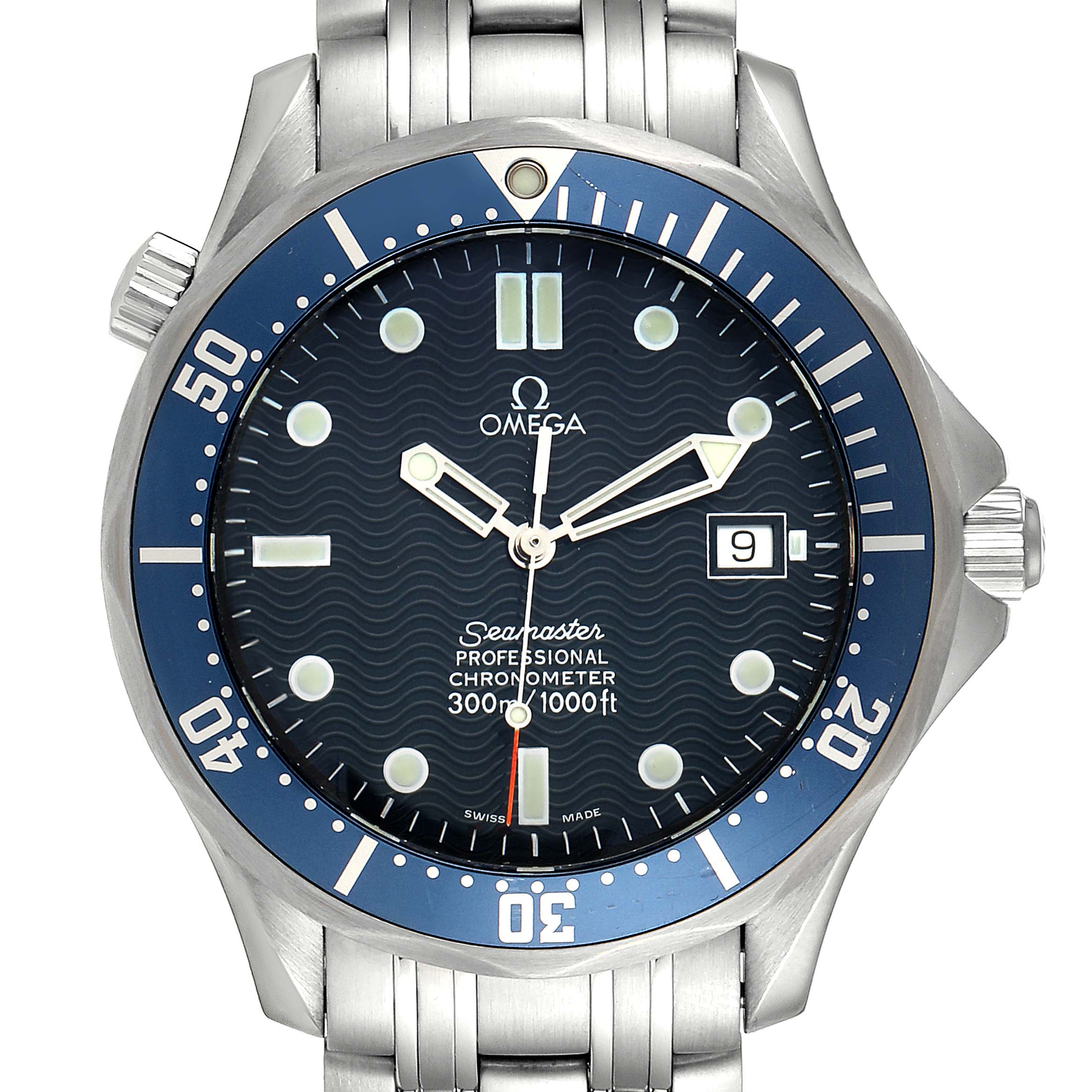 The Omega Seamaster 2531.80.00 Men's Stainless Steel Blue Dial 2531.80.00 Men's Stainless Steel Blue Dial watch is shown from a front angle, displaying the face, bezel, and part of the bracelet.