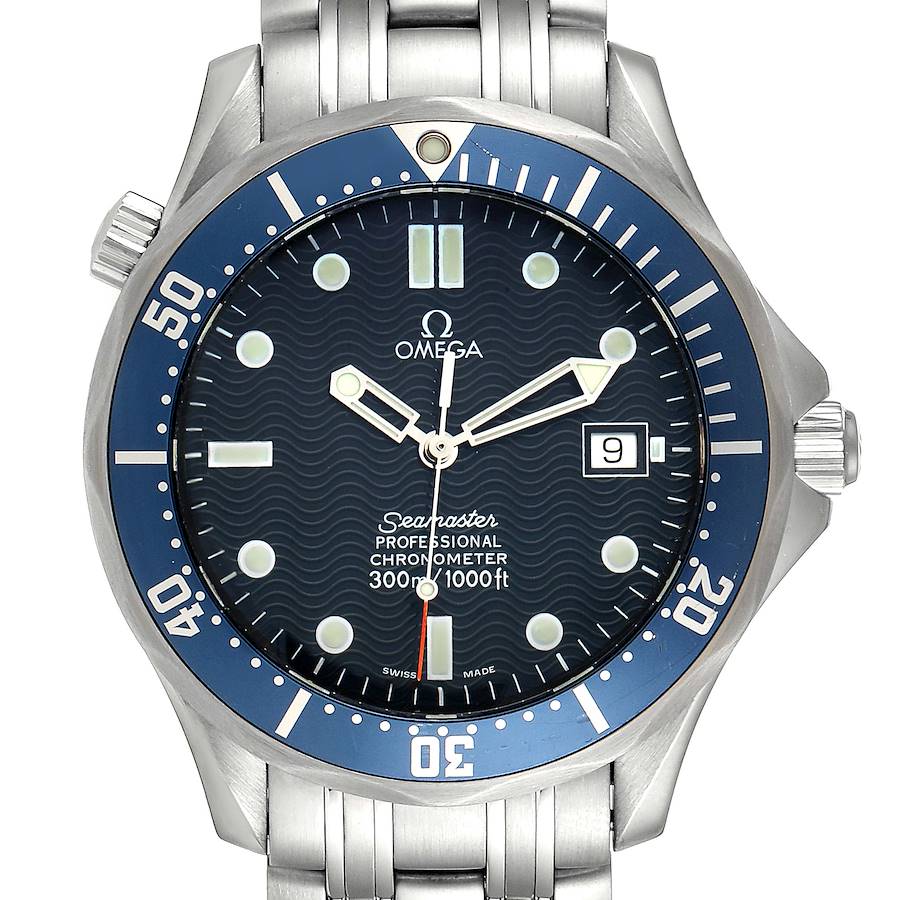 The Omega Seamaster 2531.80.00 Men's Stainless Steel Blue Dial 2531.80.00 Men's Stainless Steel Blue Dial watch is shown from a front angle, displaying the face, bezel, and part of the bracelet.