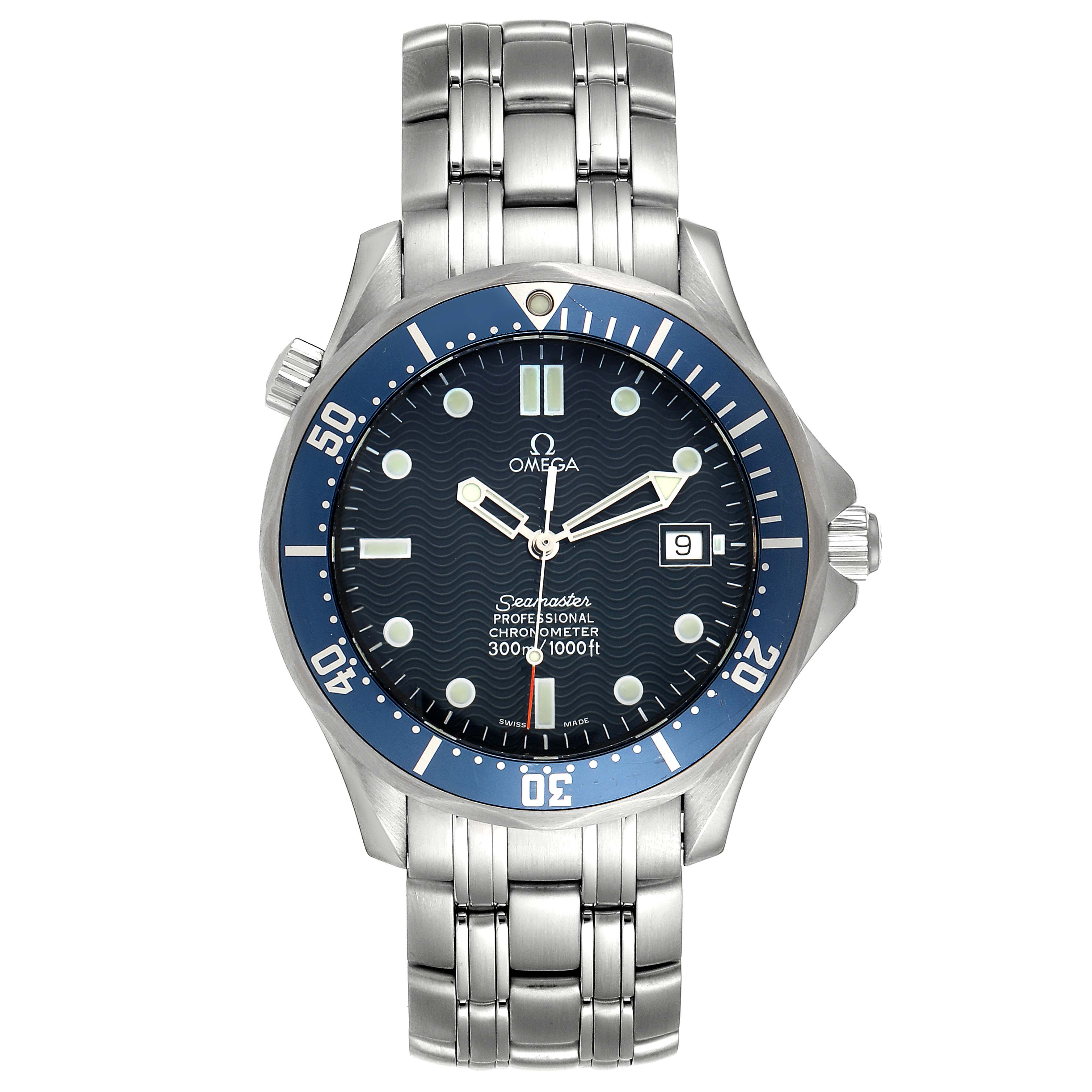 This image shows a frontal view of the Omega Seamaster 2531.80.00 Men's Stainless Steel Blue Dial 2531.80.00 Men's Stainless Steel Blue Dial, displaying its dial, bezel, hands, bracelet, and date window.