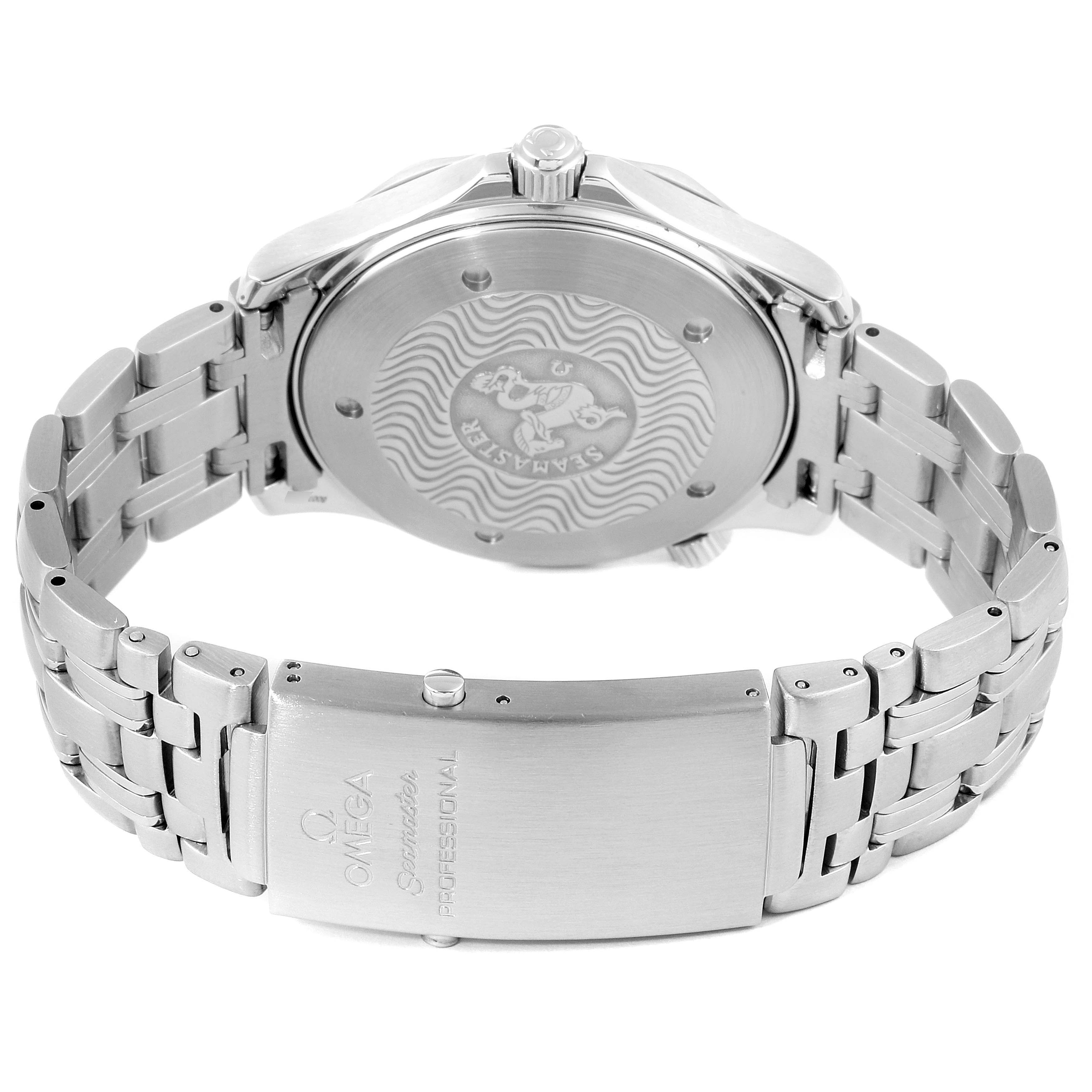 This image shows the back case and clasp of an Omega Seamaster 2531.80.00 Men's Stainless Steel Blue Dial 2531.80.00 Men's Stainless Steel Blue Dial watch from a rear angle.