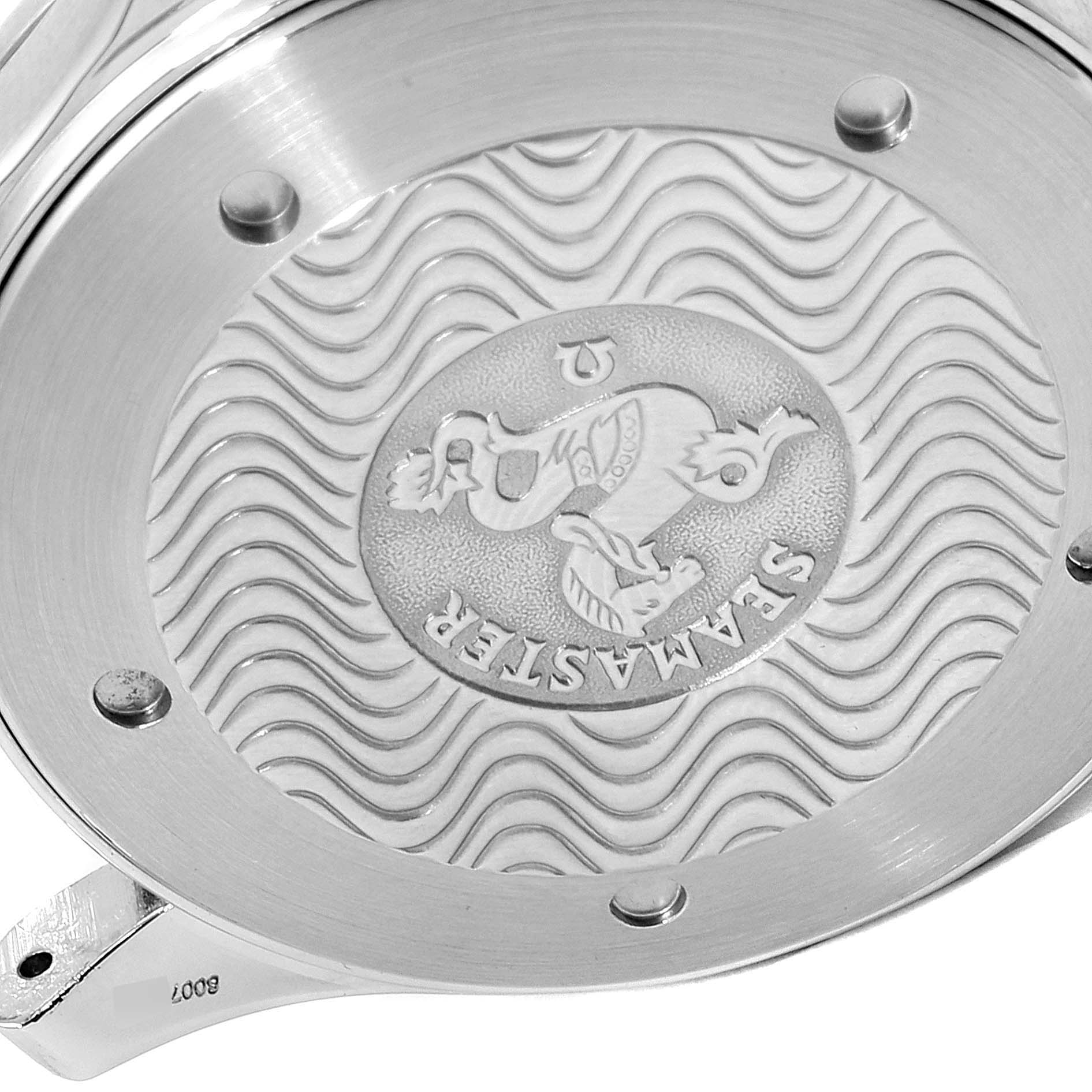 The image shows the case back of an Omega Seamaster 2531.80.00 Men's Stainless Steel Blue Dial 2531.80.00 Men's Stainless Steel Blue Dial watch with its engraved wave pattern and logo.