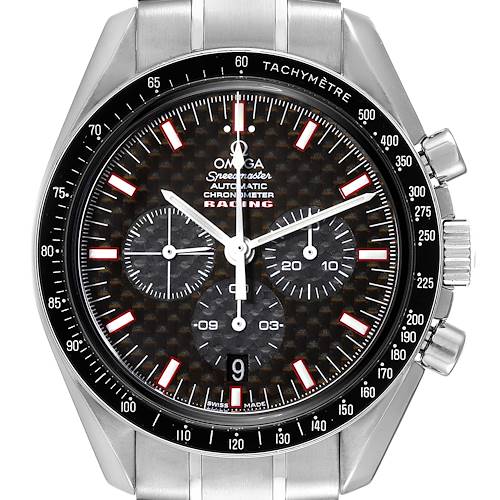 The image shows a front angle of the Omega Speedmaster 3552.59.00 Men's Stainless Steel Black Dial 3552.59.00 Men's Stainless Steel Black Dial watch, highlighting its dial, sub-dials, tachymeter bezel, and part of the bracelet.