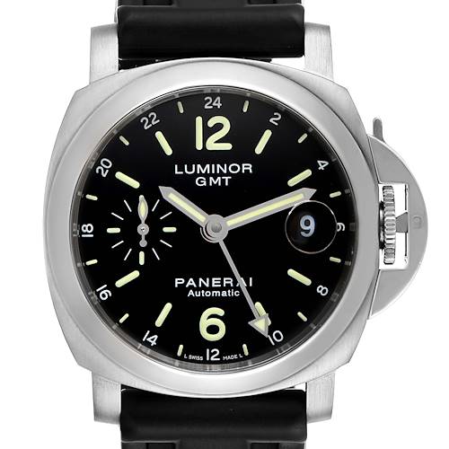 This image shows a front view of the Panerai Luminor PAM00244 Men's Stainless Steel Black Dial PAM00244 Men's Stainless Steel Black Dial GMT, displaying its dial, hands, and crown guard.
