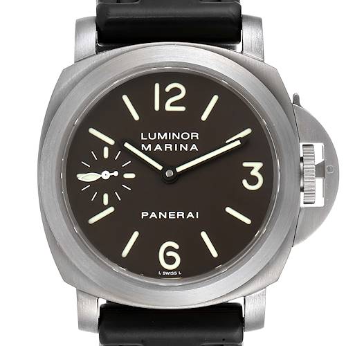 The image shows a front view of the Panerai Luminor PAM00061 Men's Titanium Brown Dial PAM00061 Men's Titanium Brown Dial Marina watch, highlighting the dial, bezel, and part of the strap.