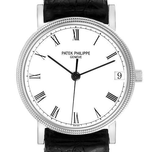 The image shows a straight-on view of a Patek Philippe Calatrava 3802/200 Men's White Gold White Dial 3802/200 Men's White Gold White Dial watch, highlighting the dial, Roman numerals, and date window.