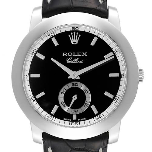 This image shows the front view of a Rolex Cellini 5241/6 Men's Platinum Black Dial 5241/6 Men's Platinum Black Dial watch, including its black dial, hands, markers, and leather strap.