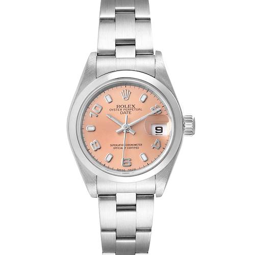 The image shows a frontal view of a Rolex Oyster Perpetual Date watch, highlighting its pink dial, date display, and stainless steel bracelet.