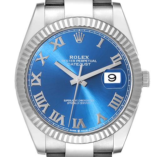 This Rolex Datejust 41 126334 Men's Stainless Steel Blue Dial 126334 Men's Stainless Steel Blue Dial watch shows a close-up of the blue dial with Roman numerals, date window, and part of the stainless steel bezel and bracelet.