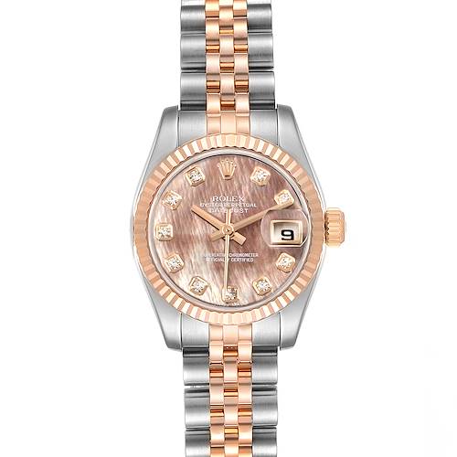 The image shows a Rolex Datejust 179171 Women's Steel and Gold (two tone) Mother of Pearl Dial 179171 Women's Steel and Gold (two tone) Mother of Pearl Dial watch, featuring a mother-of-pearl dial, diamond markers, and a two-tone jubilee bracelet with a fluted bezel.