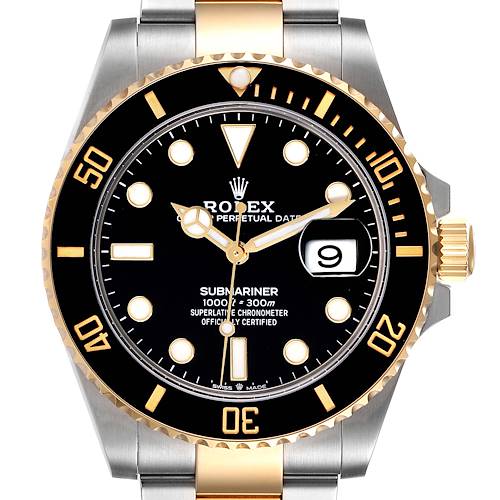 The image shows a frontal view of a Rolex Submariner 126613 Men's Steel and Gold (two tone) Black Dial 126613 Men's Steel and Gold (two tone) Black Dial watch, highlighting its dial, bezel, and bracelet.