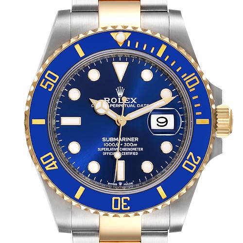 The image shows a front view of a Rolex Submariner 126613 Men's Steel and Gold (two tone) Blue Dial 126613 Men's Steel and Gold (two tone) Blue Dial watch, featuring its blue dial, gold bezel, and oyster bracelet.