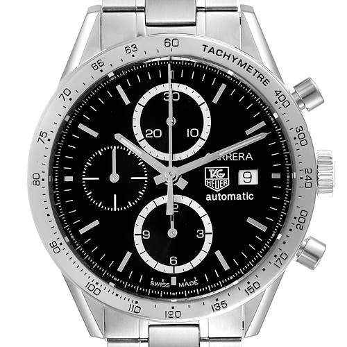The Tag Heuer Carrera CV2016 Men's Stainless Steel Black Dial CV2016 Men's Stainless Steel Black Dial watch is shown from a front angle, featuring its dial, subdials, and tachymeter bezel.
