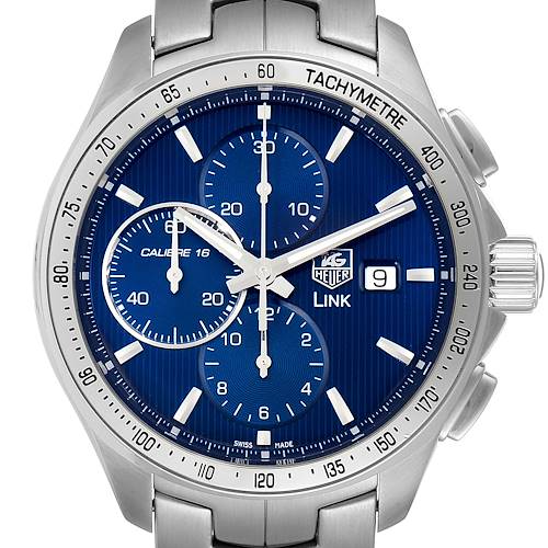 The image shows a front view of the Tag Heuer Link CAT2015.BA0952 Men's Stainless Steel Blue Dial CAT2015.BA0952 Men's Stainless Steel Blue Dial model watch, highlighting its blue dial, chronograph subdials, and date window.
