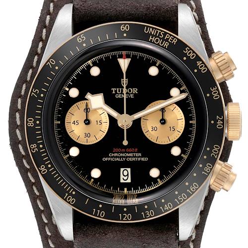 The image is a top view of a Tudor Heritage Black Bay 79363N Men's Steel and Gold (two tone) Black Dial 79363N Men's Steel and Gold (two tone) Black Dial watch displaying its dial, bezel, and strap.