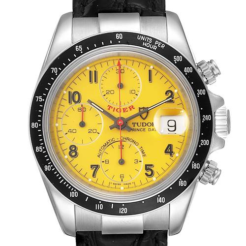 The image shows a frontal view of the Tudor Tiger 79260 Men's Stainless Steel Yellow Dial 79260 Men's Stainless Steel Yellow Dial model watch, showcasing the dial, bezel, and pushers.