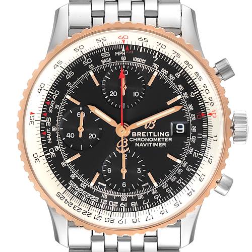 This is a front view of the Breitling Navitimer U13324211B1X1 Men's Steel and Gold (two tone) Black Dial U13324211B1X1 Men's Steel and Gold (two tone) Black Dial watch, showing the face, bezel, and bracelet.