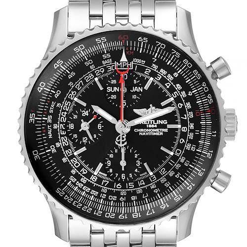 The image shows a frontal view of the Breitling Navitimer A2135024/BE62-453A Men's Stainless Steel Black Dial A2135024/BE62-453A Men's Stainless Steel Black Dial watch, displaying its dial, hands, bezel, and part of the bracelet.