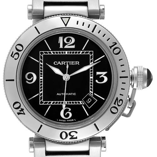 The image shows a close-up, front view of the Cartier Pasha W31077M7 Men's Stainless Steel Black Dial W31077M7 Men's Stainless Steel Black Dial watch, highlighting the dial and bezel.