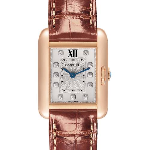The Cartier Tank Anglaise WJTA0007 Women's Rose Gold Silver Dial WJTA0007 Women's Rose Gold Silver Dial watch is shown from a front angle, displaying the face, leather strap, and crown.
