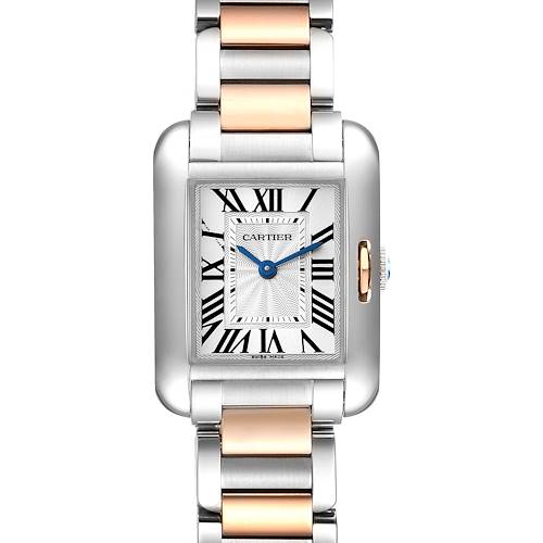 The image shows a front view of a Cartier Tank Anglaise W5310036 Women's Steel and Gold (two tone) Silver Dial W5310036 Women's Steel and Gold (two tone) Silver Dial watch, highlighting the face, blue hands, and dual-tone metal link bracelet.