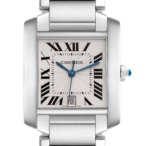 The Cartier Tank Française watch is shown from a front angle, displaying its face, Roman numerals, and part of its bracelet.