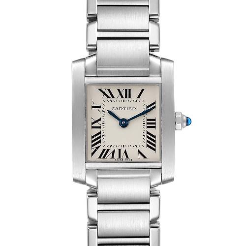 This is a frontal view of the Cartier Tank Française watch, showcasing its dial, bracelet, and crown.