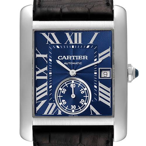 The image shows a close-up, front view of the Cartier Tank MC WSTA0010 Men's Stainless Steel Blue Dial WSTA0010 Men's Stainless Steel Blue Dial watch's face and strap.