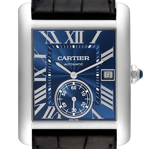 The image shows the face of a Cartier Tank MC WSTA0010 Men's Stainless Steel Blue Dial WSTA0010 Men's Stainless Steel Blue Dial watch, highlighting its blue dial, Roman numerals, and sub-dial at 6 o'clock.