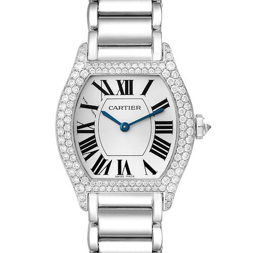This image shows a Cartier Tortue WA5072W9 Women's White Gold Silver Dial WA5072W9 Women's White Gold Silver Dial watch face and band from a top-down angle, highlighting details like the Roman numerals and diamond bezel.