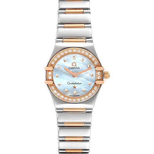 This image shows a front view of the Omega 1368.71.00 Women's Steel and Gold (two tone) Mother of Pearl Dial 1368.71.00 Women's Steel and Gold (two tone) Mother of Pearl Dial Constellation My Choice Steel Rose Gold Diamond Watch 1368.71.00, including the bracelet and dial.