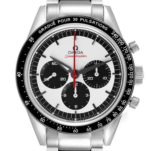 The Omega Speedmaster 311.32.40.30.02.001 Men's Stainless Steel Silver Dial 311.32.40.30.02.001 Men's Stainless Steel Silver Dial watch is shown from a straight-on angle, highlighting the dial, bezel, and pushers.