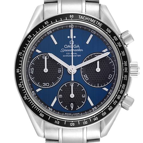 The Omega Speedmaster 326.30.40.50.03.001 Men's Stainless Steel Blue Dial 326.30.40.50.03.001 Men's Stainless Steel Blue Dial watch is shown from a front angle, displaying its face, tachymeter bezel, and partial bracelet.